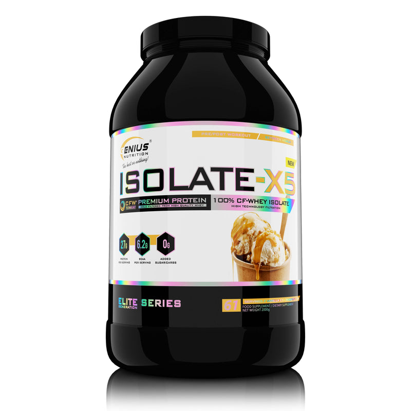 Incarca imaginea in galerie, ISOLATE-X5 2000g 61serv Genius Nutrition - Supliment proteic din zer cu absorbtie rapida, continut scazut de carbohidrati si bogat in BCAA, obtinut prin filtrare naturala CFW cu aroma de vanilla ice cream
