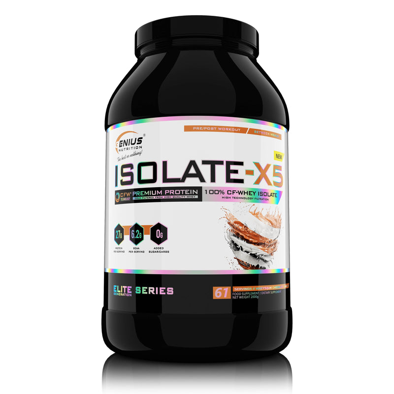 Incarca imaginea in galerie, ISOLATE-X5 2000g 61serv Genius Nutrition - Supliment proteic din zer cu absorbtie rapida, continut scazut de carbohidrati si bogat in BCAA, obtinut prin filtrare naturala CFW cu aroma de wheysquick chocolate
