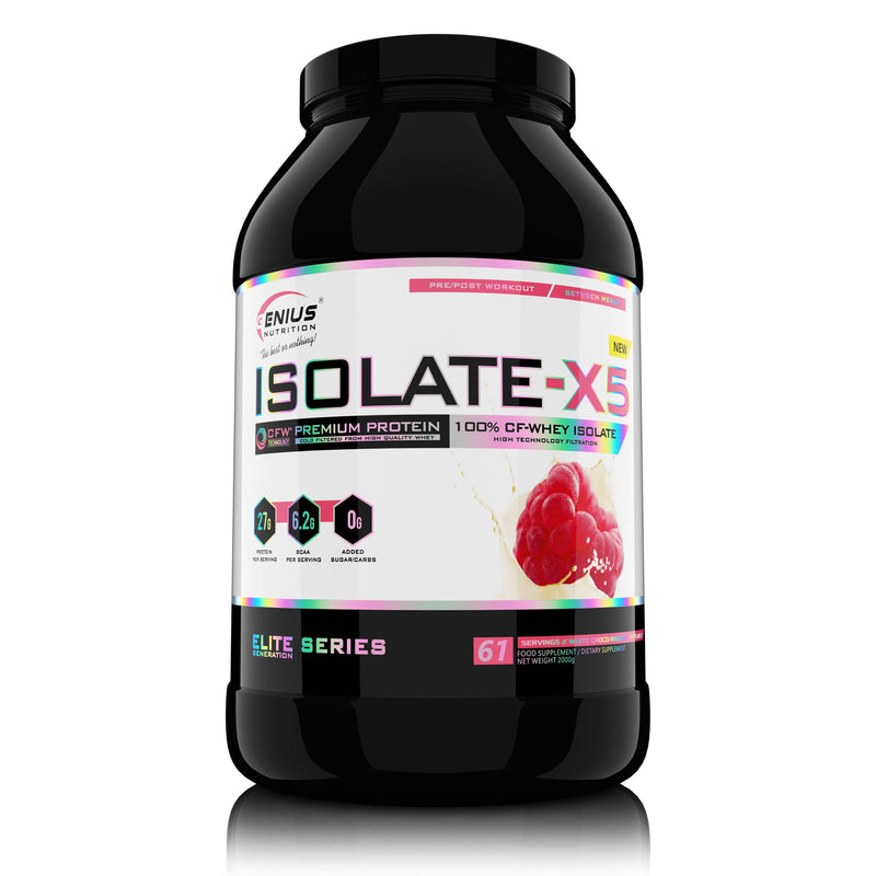 Incarca imaginea in galerie, ISOLATE-X5 2000g 61serv Genius Nutrition - Supliment proteic din zer cu absorbtie rapida, continut scazut de carbohidrati si bogat in BCAA, obtinut prin filtrare naturala CFW cu aroma de white choco-raspberry
