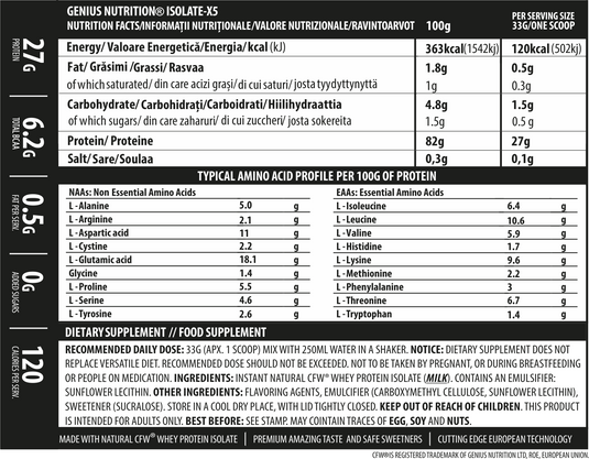 ISOLATE-X5 33g 1serv Genius Nutrition – Supliment proteic din zer cu absorbtie rapida, continut scazut de carbohidrati si bogat in BCAA, obtinut prin filtrare naturala CFW