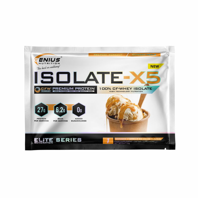 Incarca imaginea in galerie, ISOLATE-X5 33g 1serv Genius Nutrition – Supliment proteic din zer cu absorbtie rapida, continut scazut de carbohidrati si bogat in BCAA, obtinut prin filtrare naturala CFW cu aroma de vanilla ice cream
