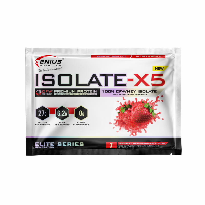 Incarca imaginea in galerie, ISOLATE-X5 33g 1serv Genius Nutrition – Supliment proteic din zer cu absorbtie rapida, continut scazut de carbohidrati si bogat in BCAA, obtinut prin filtrare naturala CFW cu aroma de wild strawberry
