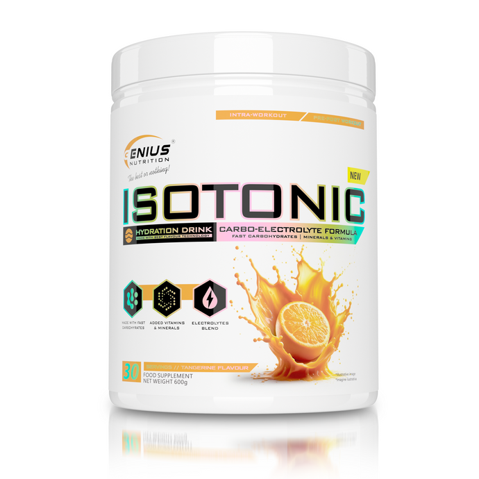 ISOTONIC 600g 30serv Genius Nutrition – Supliment izotonic pentru rehidratare, cu electroliti, vitamine si carbohidrati cu absorbtie rapida ideal pentru mentinerea energiei in timpul exercitiilor fizice intense cu aroma de tangerine 