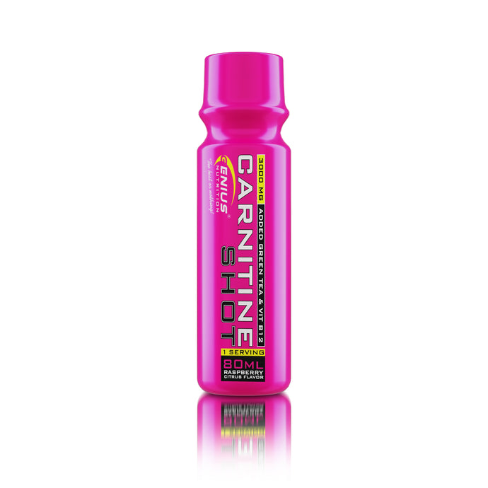 L-CARNITINE SHOT 80ml Genius Nutrition Raspberry Citrus - Supliment pentru slabit, arderea grasimilor si energie sub forma lichida cu extract de ceai verde si vitamina b12