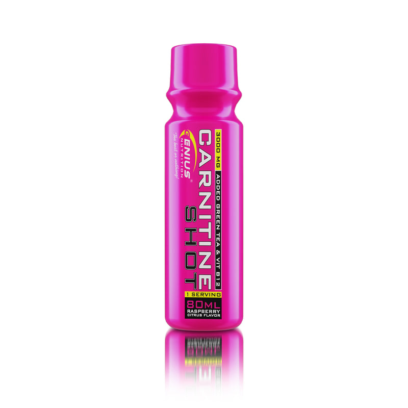 Incarca imaginea in galerie, L-CARNITINE SHOT 80ml Genius Nutrition Raspberry Citrus - Supliment pentru slabit, arderea grasimilor si energie sub forma lichida cu extract de ceai verde si vitamina b12
