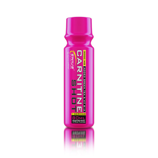 L-CARNITINE SHOT 80ml Genius Nutrition Raspberry Citrus - Supliment pentru slabit, arderea grasimilor si energie sub forma lichida cu extract de ceai verde si vitamina b12