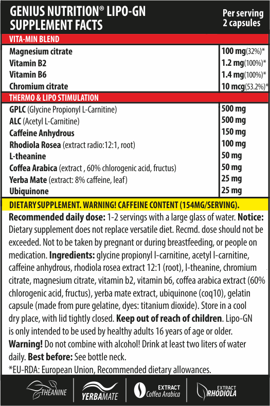 Incarca imaginea in galerie, LIPO-GN 90caps 45serv Genius Nutrition – Supliment termogenic pentru arderea grasimilor, accelerarea metabolismului, sporirea energiei si concentrarii, imbogatit cu vitamine si minerale
