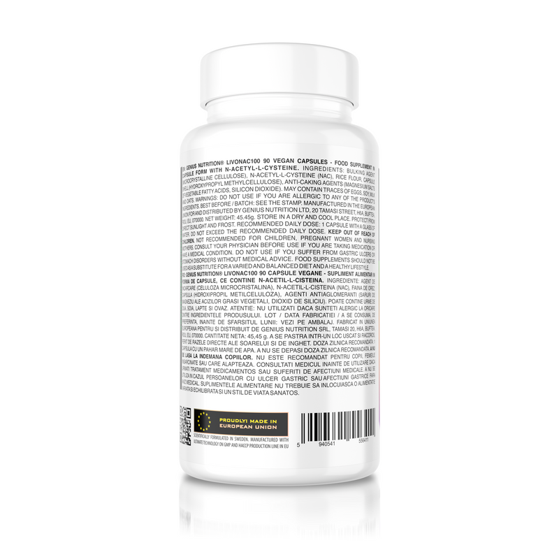 Incarca imaginea in galerie, LIVONAC100 90caps 90serv Genius Nutrition – Supliment antioxidant precursor de glutation, ideal pentru refacerea functiei hepatice si pulmonare
