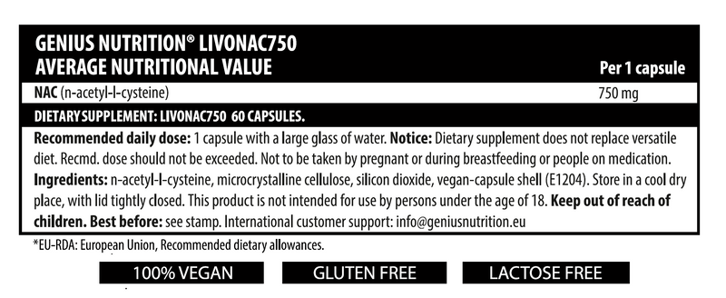 Incarca imaginea in galerie, LIVONAC750 60caps 60serv Genius Nutrition – Supliment antioxidant precursor de glutation, ideal pentru refacerea functiei hepatice si pulmonare
