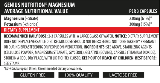 MAGNESIUM 90caps 30serv Genius Nutrition – Supliment cu magneziu citrat si potasiu, formulat pentru a asigura functionarea corecta a inimii si a sistemului nervos central, reducand in acelasi timp crampele si oboseala musculara