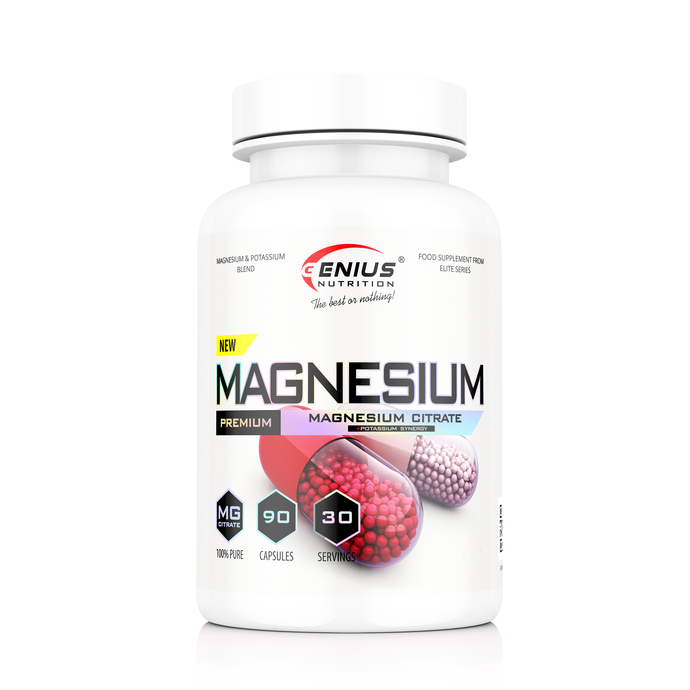 MAGNESIUM 90caps 30serv Genius Nutrition – Supliment cu magneziu citrat si potasiu, formulat pentru a asigura functionarea corecta a inimii si a sistemului nervos central, reducand in acelasi timp crampele si oboseala musculara