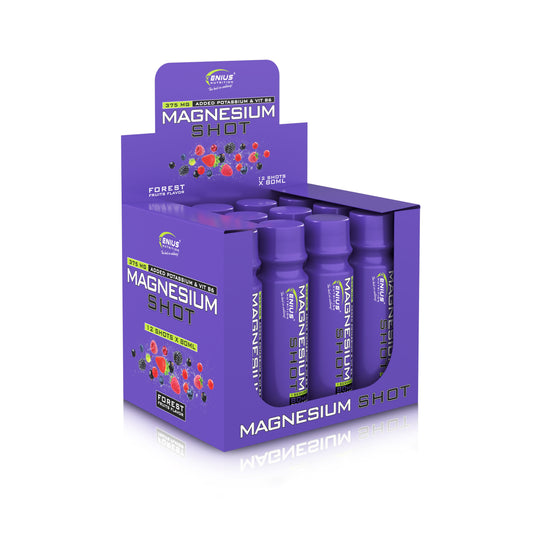 MAGNESIUM SHOT 80ml - Supliment cu magneziu citrat si potasiu sub forma lichida, formulat pentru a asigura functionarea corecta a inimii si a sistemului nervos central, reducand in acelasi timp crampele si oboseala musculara cu aroma de forest fruits