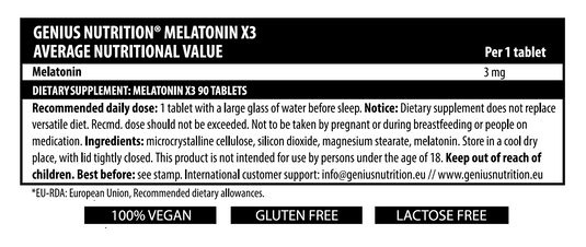 MELATONIN-X3 90tabs 90serv Genius Nutrition – Supliment pe baza de melatonina, destinat imbunatatirii calitatii somnului si reglarii ritmului circadian