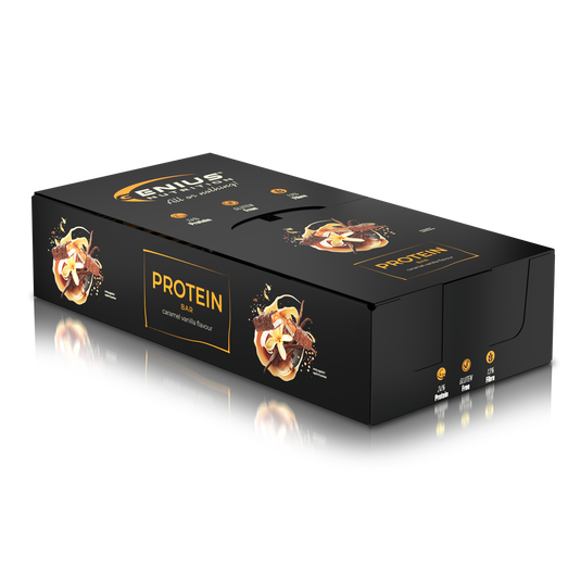 MULTILAYER PROTEIN BAR 50g Genius Nutrition - Baton proteic cu gust exceptional si profil nutritional echilibrat: 196 kcal, 11g grasimi si 12g proteine cu aroma de vanilie si caramel.