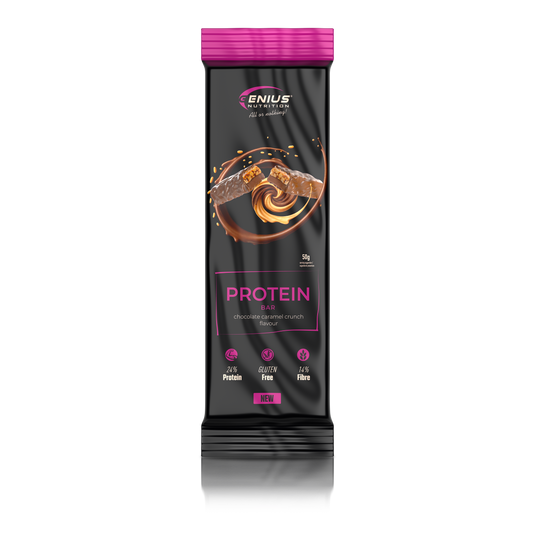 MULTILAYER PROTEIN BAR 50g Genius Nutrition - Baton proteic cu gust exceptional si profil nutritional echilibrat: 196 kcal, 11g grasimi si 12g proteine cu aroma de ciocolata si caramel crocant