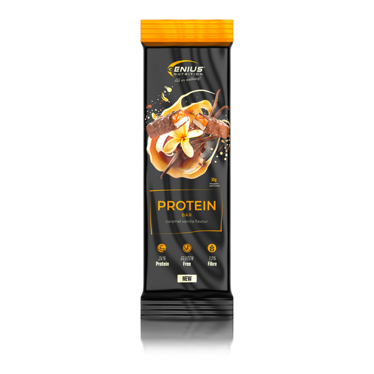 MULTILAYER PROTEIN BAR 50g Genius Nutrition - Baton proteic cu gust exceptional si profil nutritional echilibrat: 196 kcal, 11g grasimi si 12g proteine cu aroma de vanilie si caramel.