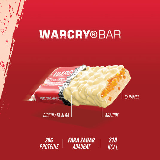 Multilayer Protein Bar WARCRY Peanut Caramel & White Chocolate - Baton proteic fara zahar adaugat scazut in kcal cu aroma de alune si caramel cu ciocolata alba.