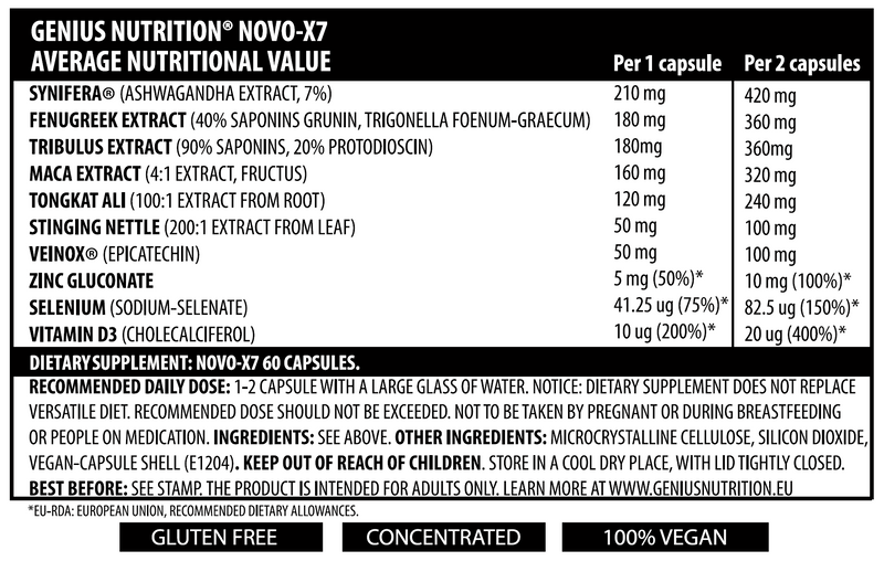 Incarca imaginea in galerie, NOVO-X7 60caps 60serv Genius Nutrition - Supliment complex pentru cresterea performantei fizice, reducerea grasimii si marirea nivelului de testosteron, cu efect inhibitor asupra miostatinei
