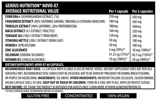 NOVO-X7 60caps 60serv Genius Nutrition - Supliment complex pentru cresterea performantei fizice, reducerea grasimii si marirea nivelului de testosteron, cu efect inhibitor asupra miostatinei