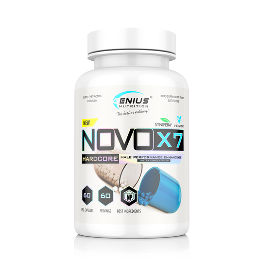 NOVO-X7 60caps 60serv Genius Nutrition - Supliment complex pentru cresterea performantei fizice, reducerea grasimii si marirea nivelului de testosteron, cu efect inhibitor asupra miostatinei