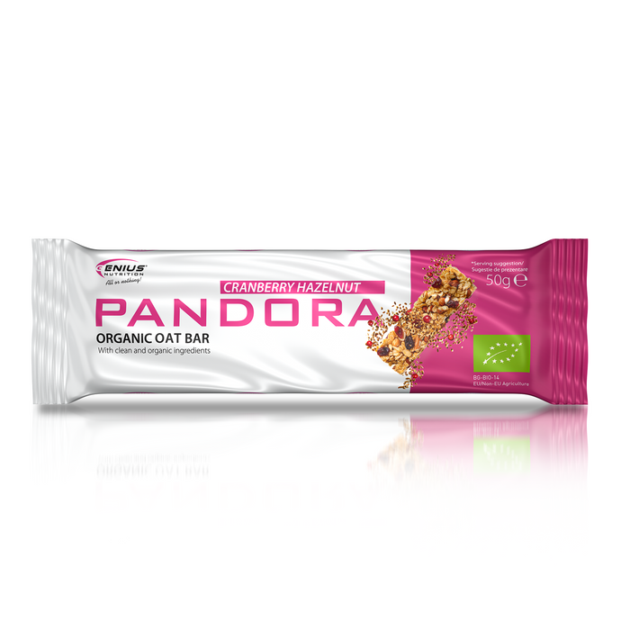 PANDORA BIO OAT BAR 50g Genius Nutrition Cranberry Hazelnut - Baton delicios si hranitor, realizat din ingrediente 100% organice fara gluten.
