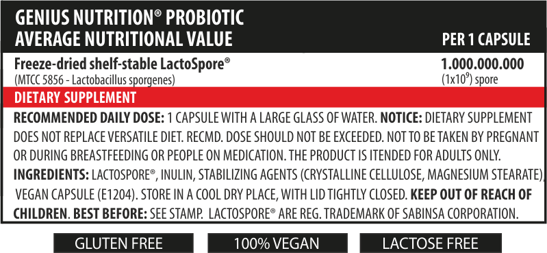 Incarca imaginea in galerie, PROBIOTIC 60caps 60serv Genius Nutrition - Supliment probiotic LactoSpore® destinat sustinerii sanatatii digestive si echilibrarii florei intestinale
