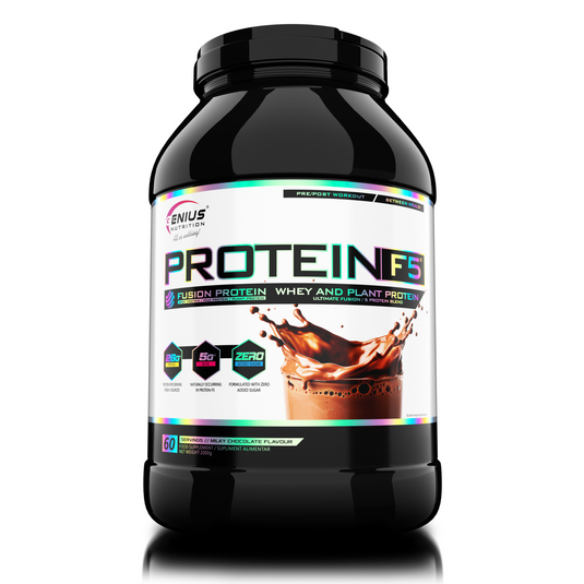 PROTEIN-F5 2000g 61serv Genius Nutrition – Supliment proteic cu un amestec de 5 proteine: zer concentrat, lapte, soia, oua si mazare, creat pentru refacerea si stimularea cresterii masei musculare cu aroma de ciocolata cu lapte