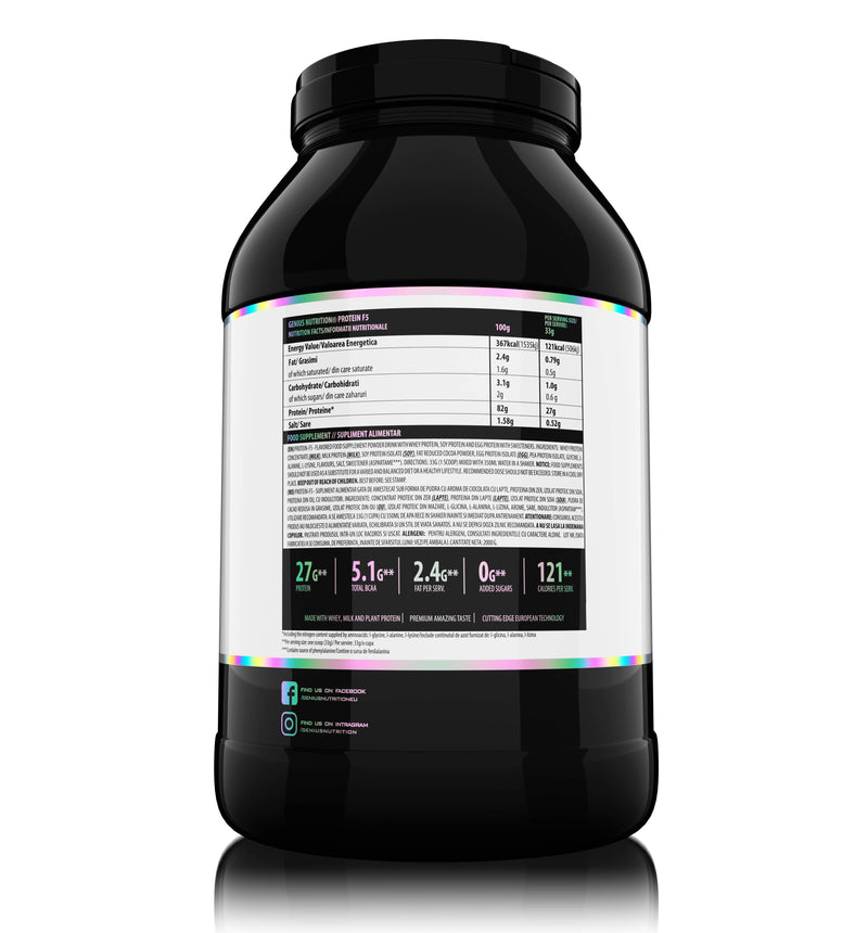 Incarca imaginea in galerie, PROTEIN-F5 2000g 61serv Genius Nutrition – Supliment proteic cu un amestec de 5 proteine: zer concentrat, lapte, soia, oua si mazare, creat pentru refacerea si stimularea cresterii masei musculare
