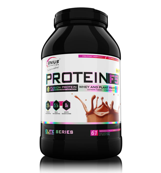 PROTEIN-F5 2000g 61serv Genius Nutrition – Supliment proteic cu un amestec de 5 proteine: zer concentrat, lapte, soia, oua si mazare, creat pentru refacerea si stimularea cresterii masei musculare cu aroma de milky chocolate 