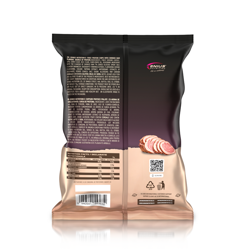 Incarca imaginea in galerie, Protein Chips 75g Genius Nutrition Smoked Ham - Chipsuri proteice crocante, facute din 46% linte cu aroma de sunca afumata.
