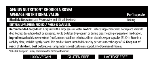 RHODIOLA ROSEA 60caps 60serv Genius Nutrition - Supliment adaptogen natural, cunoscut pentru capacitatea sa de a reduce stresul, de a imbunatati rezistenta fizica si mentala si de a sustine functionarea optima a sistemului nervos 