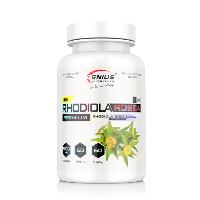 RHODIOLA ROSEA 60caps 60serv Genius Nutrition - Supliment adaptogen natural, cunoscut pentru capacitatea sa de a reduce stresul, de a imbunatati rezistenta fizica si mentala si de a sustine functionarea optima a sistemului nervos 