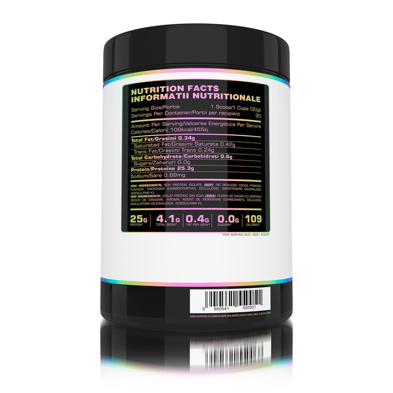 Incarca imaginea in galerie, SOY PROTEIN ISOLATE 900g 30serv Genius Nutrition – Supliment proteic vegetal, ideal pentru cresterea si mentinerea masei musculare, bogat in aminoacizi esentiali si usor de digerat cu aroma de chocolate
