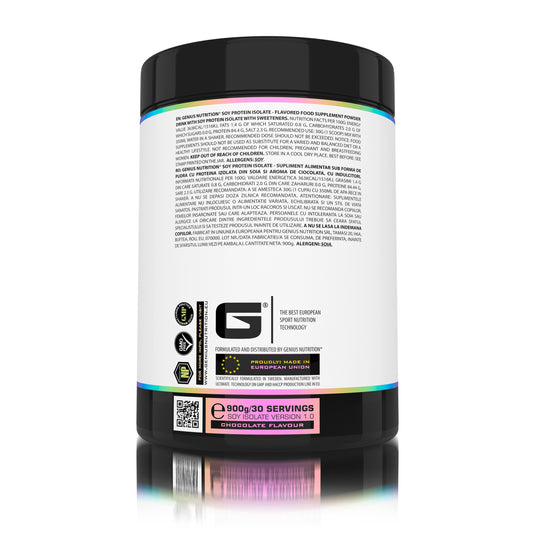 SOY PROTEIN ISOLATE 900g 30serv Genius Nutrition – Supliment proteic vegetal, ideal pentru cresterea si mentinerea masei musculare, bogat in aminoacizi esentiali si usor de digerat 