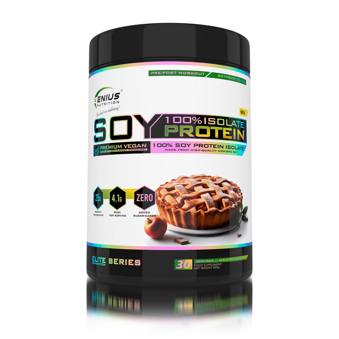 SOY PROTEIN ISOLATE 900g 30serv Genius Nutrition – Supliment proteic vegetal, ideal pentru cresterea si mentinerea masei musculare, bogat in aminoacizi esentiali si usor de digerat cu aroma de apple pie