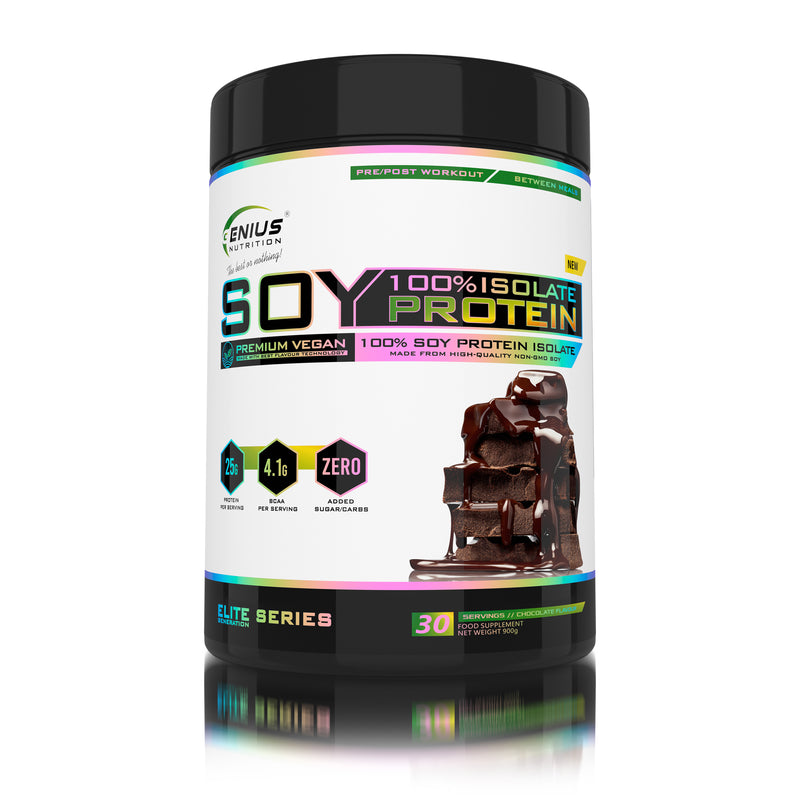 Incarca imaginea in galerie, SOY PROTEIN ISOLATE 900g 30serv Genius Nutrition – Supliment proteic vegetal, ideal pentru cresterea si mentinerea masei musculare, bogat in aminoacizi esentiali si usor de digerat cu aroma de chocolate
