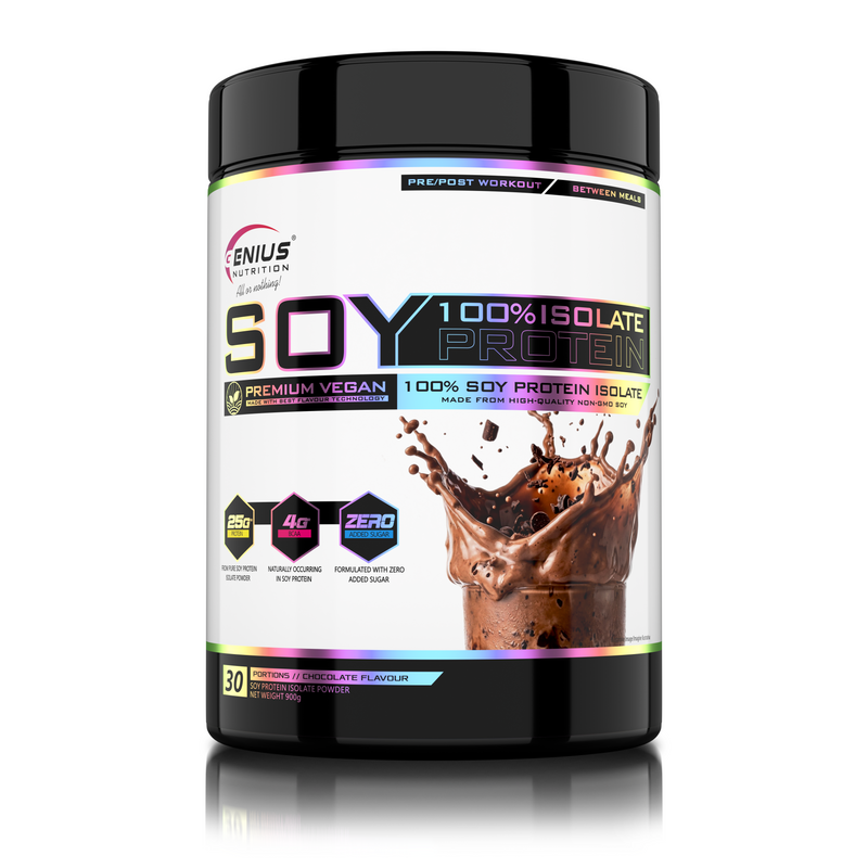 Incarca imaginea in galerie, SOY PROTEIN ISOLATE 900g 30serv Genius Nutrition – Supliment proteic vegetal, ideal pentru cresterea si mentinerea masei musculare, bogat in aminoacizi esentiali si usor de digerat cu aroma de chocolate
