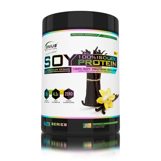 SOY PROTEIN ISOLATE 900g 30serv Genius Nutrition – Supliment proteic vegetal, ideal pentru cresterea si mentinerea masei musculare, bogat in aminoacizi esentiali si usor de digerat cu aroma de royal vanilla