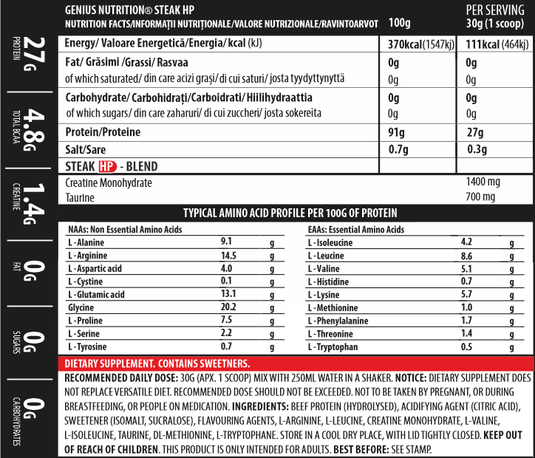 STEAK-HP 750g 25 serv Genius Nutrition - Supliment proteic din vita cu creatina monohidrata, fara lactoza pentru cresterea masei musculare si sustinerea performantei fizice fara disconfort digestiv