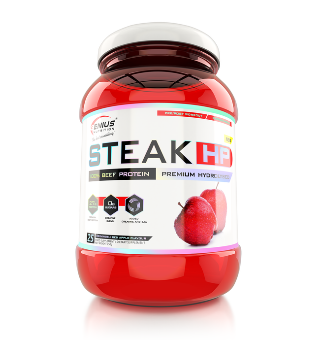 STEAK-HP 750g 25 serv Genius Nutrition - Supliment proteic din vita cu creatina monohidrata, fara lactoza pentru cresterea masei musculare si sustinerea performantei fizice fara disconfort digestiv cu aroma de red apple