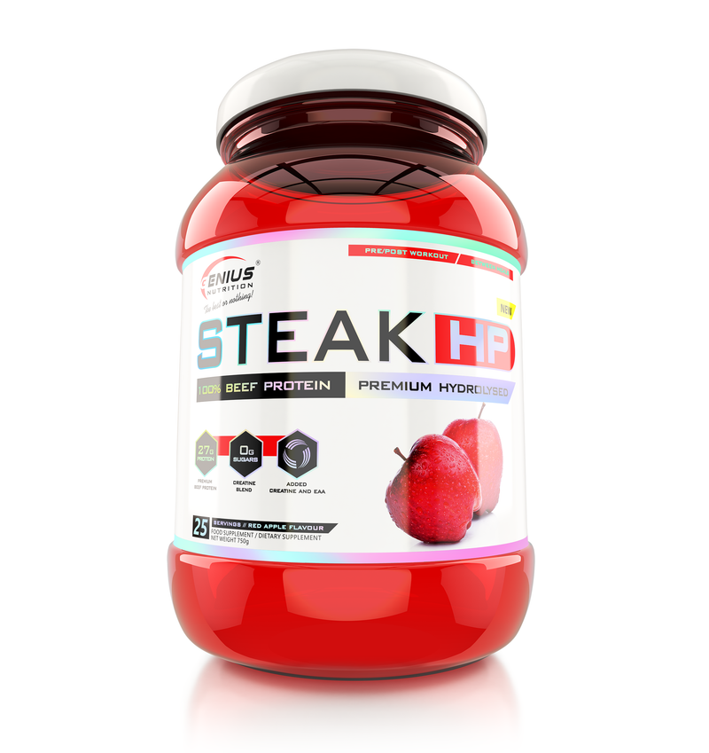 Incarca imaginea in galerie, STEAK-HP 750g 25 serv Genius Nutrition - Supliment proteic din vita cu creatina monohidrata, fara lactoza pentru cresterea masei musculare si sustinerea performantei fizice fara disconfort digestiv cu aroma de red apple
