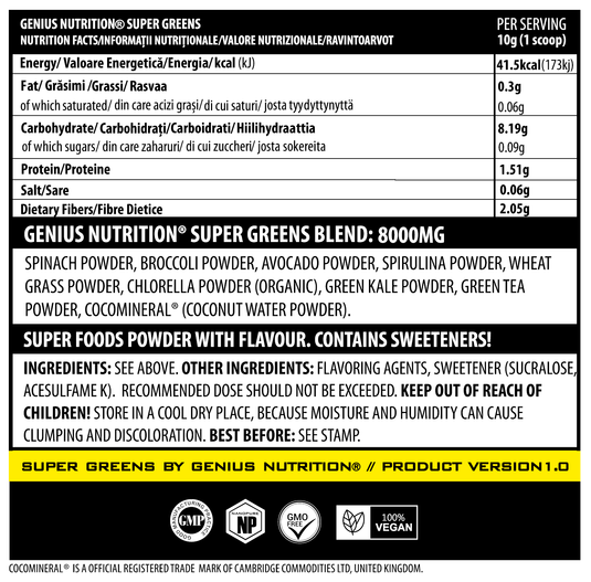 SUPER GREENS 300g 30 serv Genius Nutrition – Supliment nutritiv bogat in fibre cu micronutrienti si antioxidanti ideal pentru imbunatatirea starii de sanatate si a nivelului de energie