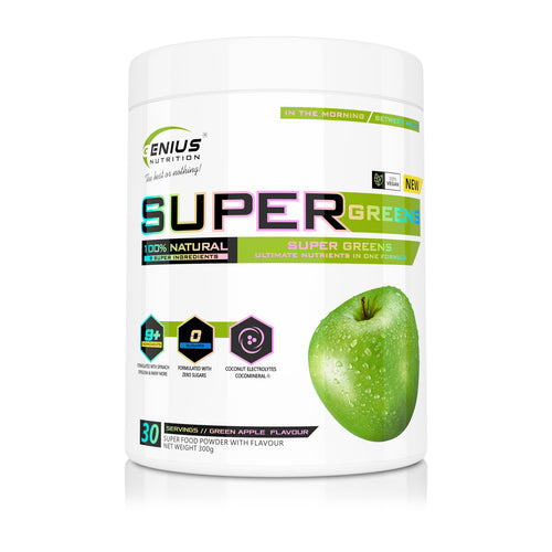 SUPER GREENS 300g 30 serv Genius Nutrition – Supliment nutritiv bogat in fibre cu micronutrienti si antioxidanti ideal pentru imbunatatirea starii de sanatate si a nivelului de energie cu aroma de green apple