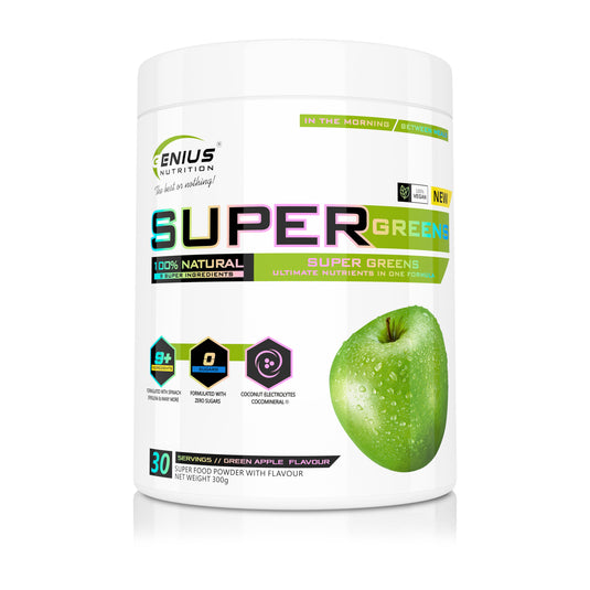 SUPER GREENS 300g 30 serv Genius Nutrition – Supliment nutritiv bogat in fibre cu micronutrienti si antioxidanti ideal pentru imbunatatirea starii de sanatate si a nivelului de energie cu aroma de green apple