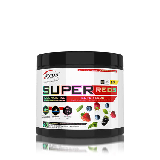 SUPER REDS 200g 40serv Genius Nutrition – Supliment nutritiv din fructe rosii  bogat in fibre cu micronutrienti si antioxidanti ideal pentru imbunatatirea starii de sanatate si a nivelului de energie cu aroma de forest berry