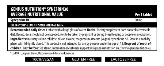 SYNEFRIN30 60tabs 60serv Genius Nutrition – Supliment termogenic natural, extras din portocala amara conceput pentru arderea grasimilor, accelerarea metabolismului, eliminarea excesului de apa si reducerea poftei de mancare