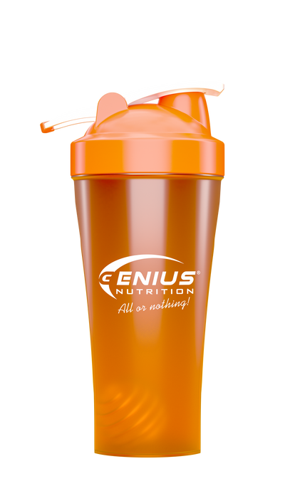 Shaker 600ml Genius Nutrition Portocaliu - Realizat din polipropilena de calitate, non-toxica, shaker-ul de 600ml/20oz are un capac cu filet si un arc metalic care asigura amestecarea uniforma a suplimentelor in pudra, cum ar fi proteinele, creatina si stimulentele pre-antrenament.