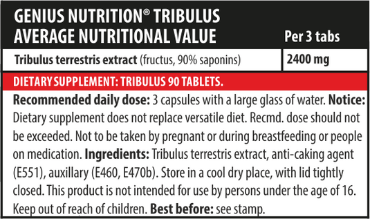 TRIBULUS 90tabs 30serv Genius Nutrition – Supliment pentru productia naturala de testosteron , optimizeaza sistemul hormonal, sprijina metabolismul si intensifica libidoul, promovand performanta fizica si sexuala