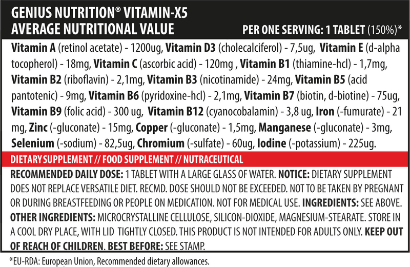 Incarca imaginea in galerie, VITAMIN-X5 120tabs 120serv Genius Nutrition – Supliment complex de vitamine si minerale ajuta la imbunatatirea imunitatii, energiei, sanatatii oaselor, pielii si sistemului cardiovascular, oferind un suport complet pentru sanatatea generala
