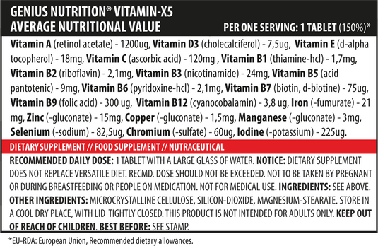 VITAMIN-X5 120tabs 120serv Genius Nutrition – Supliment complex de vitamine si minerale ajuta la imbunatatirea imunitatii, energiei, sanatatii oaselor, pielii si sistemului cardiovascular, oferind un suport complet pentru sanatatea generala